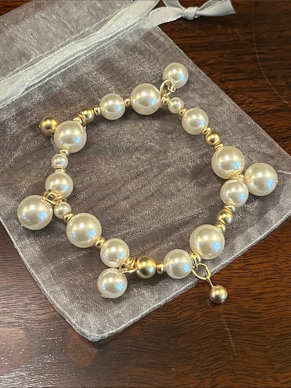 Chico's Pearl and Gold Beaded Stretch Bracelet